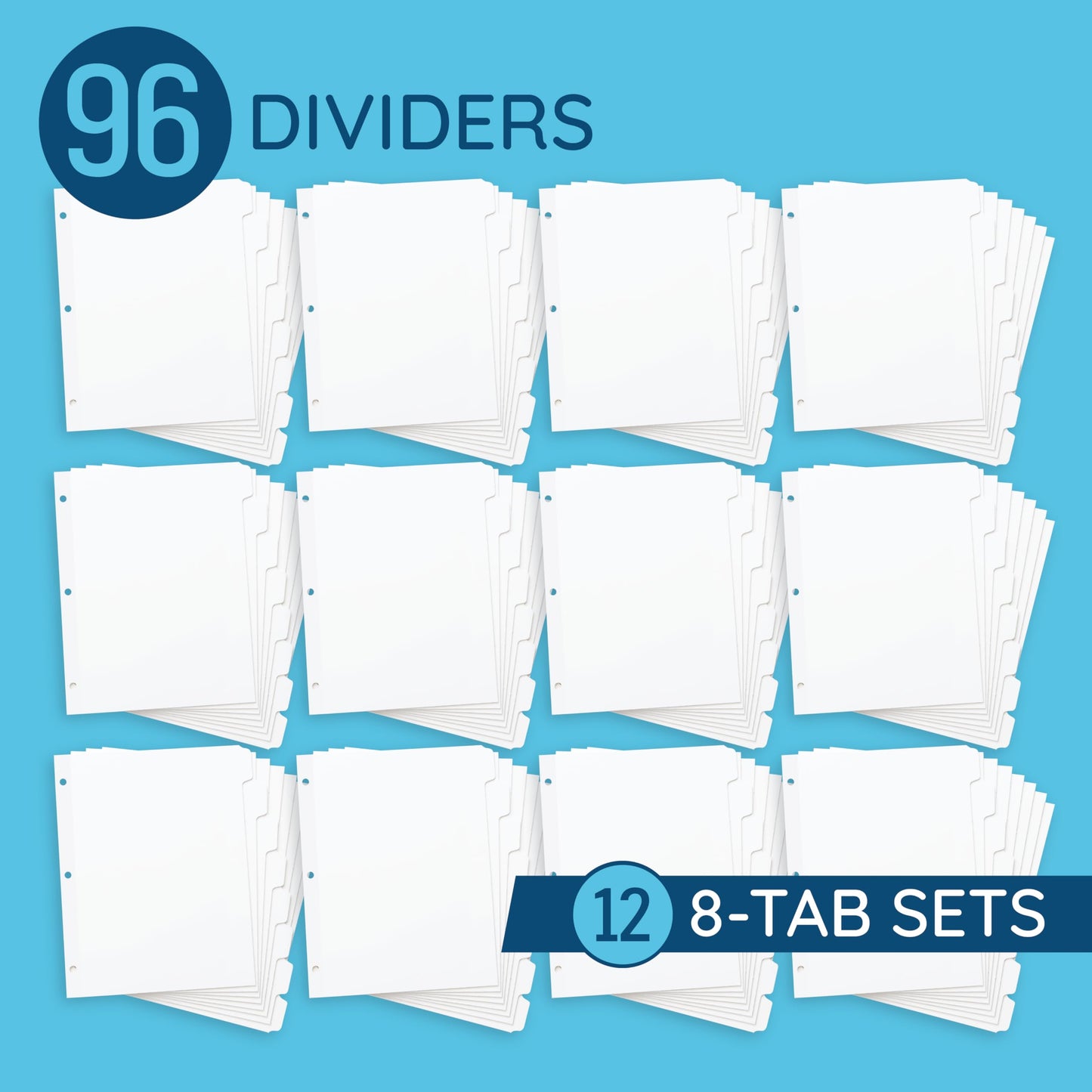 Blue Summit 8 Tab Dividers for 3 Ring Binder, Reinforced Edge, 1/8 Cut, Letter Size, Binder Dividers 8 Tab Bulk for Notebooks, White Index Divider, 12 Sets, 96 Pack