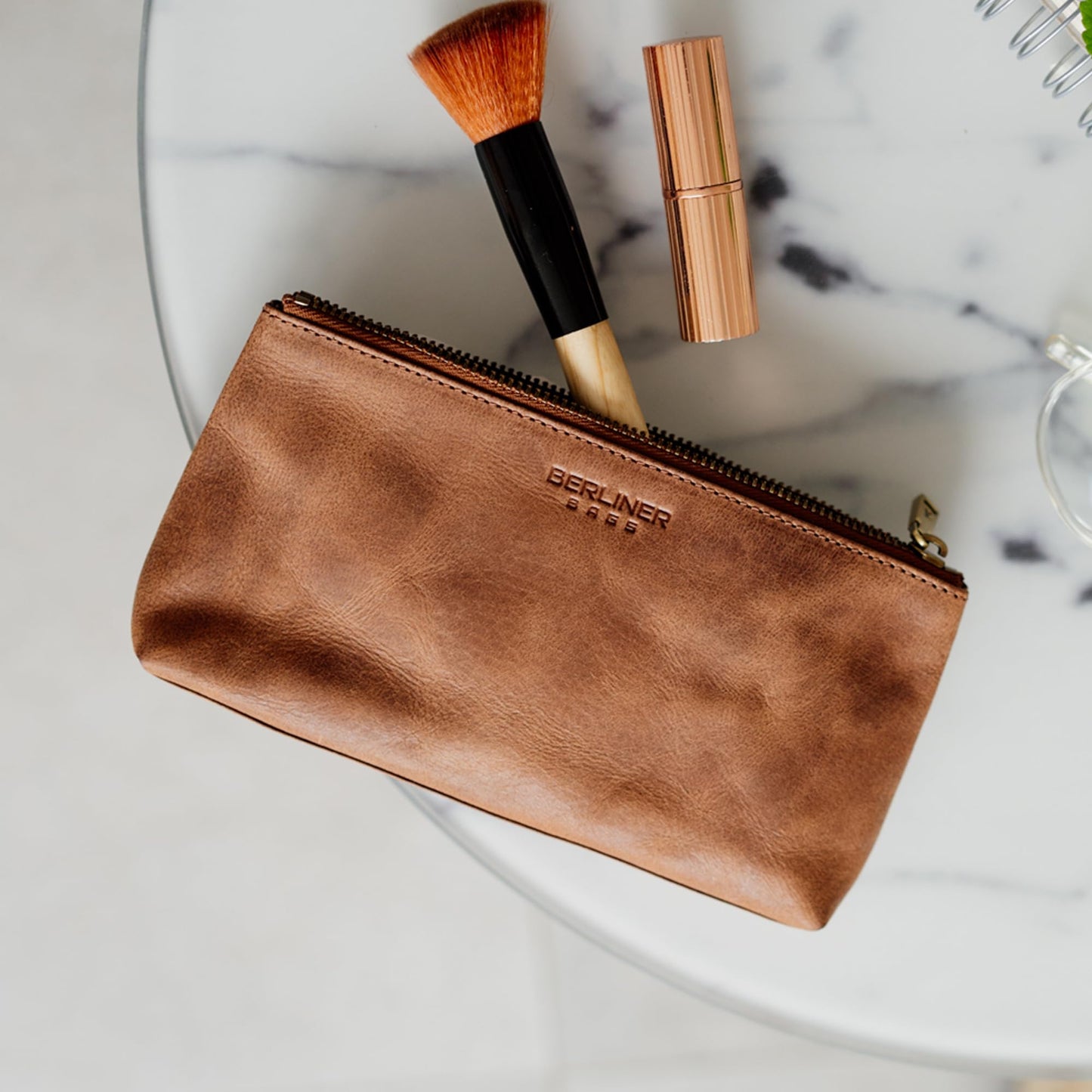 BERLINER BAGS Vintage Genuine Leather Makeup Bag Anna, Cosmetic Bag for Purse, Travel and Cosmetics Pouch with Zipper for Women- Brown