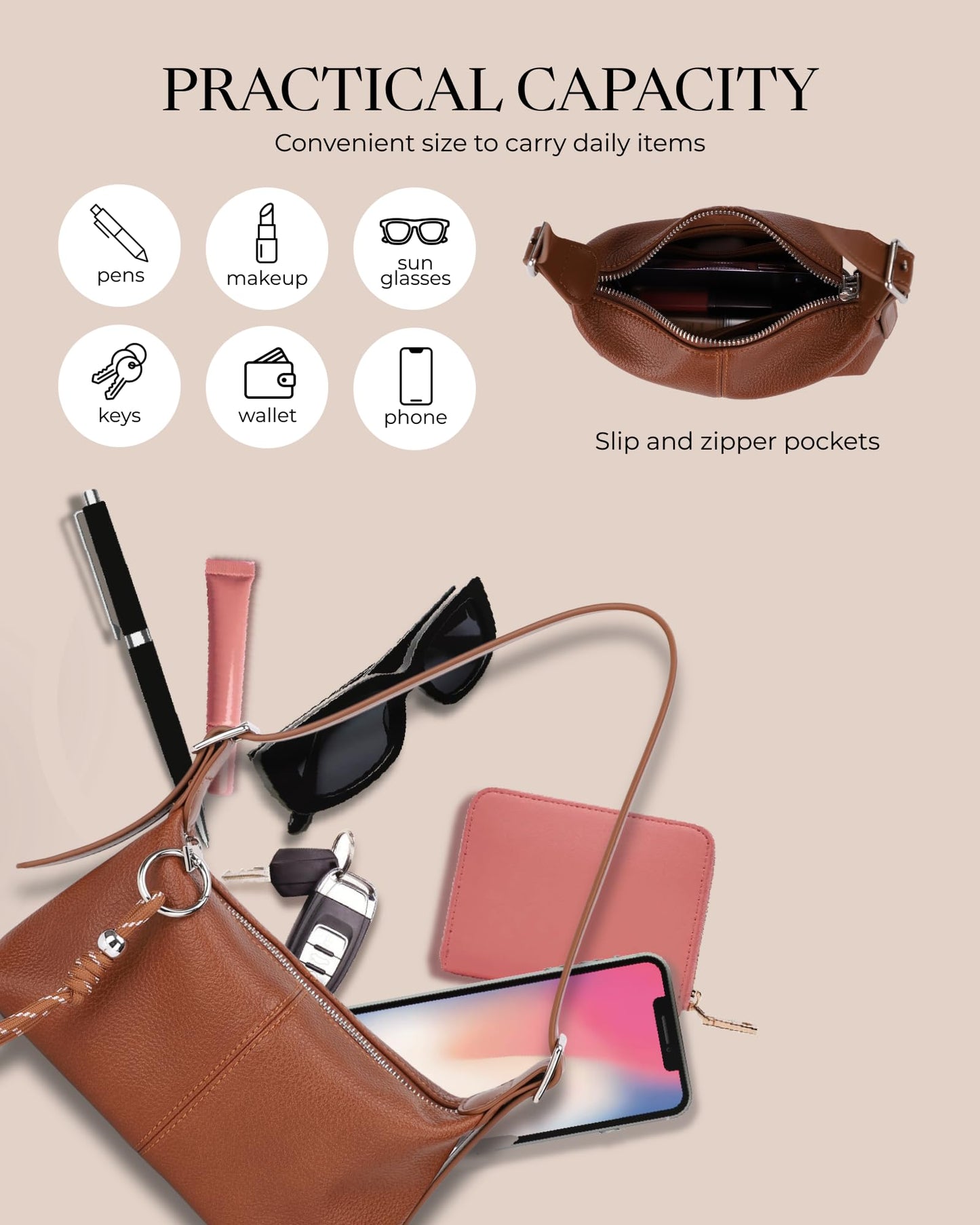 Small Shoulder Bag for Women - Crossbody Bag for Women, Mini Slouchy Shoulder Purse with Cute Keychain Charm & Adjustable Strap, Cognac