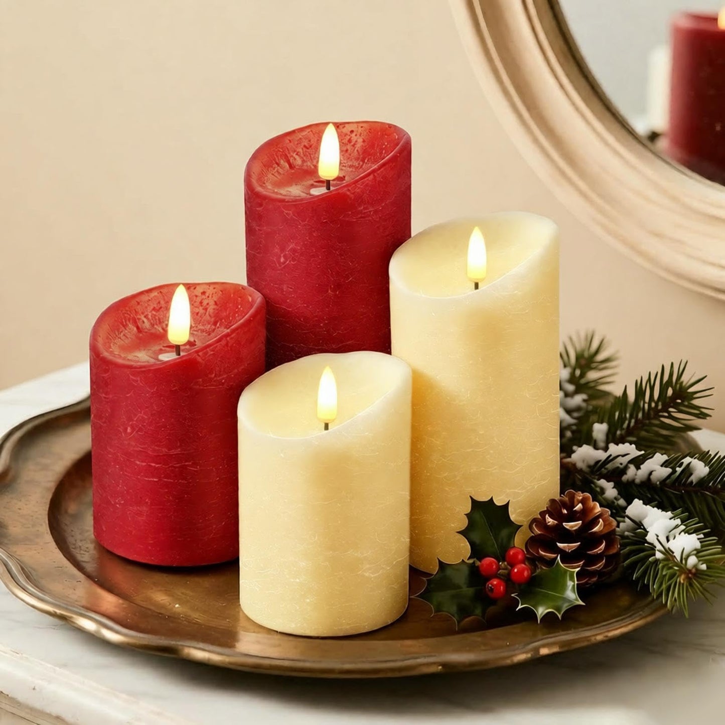 Flameless Candles, Battery Operated Led Lights Candle 3 Pack, Christmas Decorations Home Decor, Flickering Light White Pillar Candles with Real Wax Remote Control Timer. 3x3, 3x4, 3x5 inches, Red