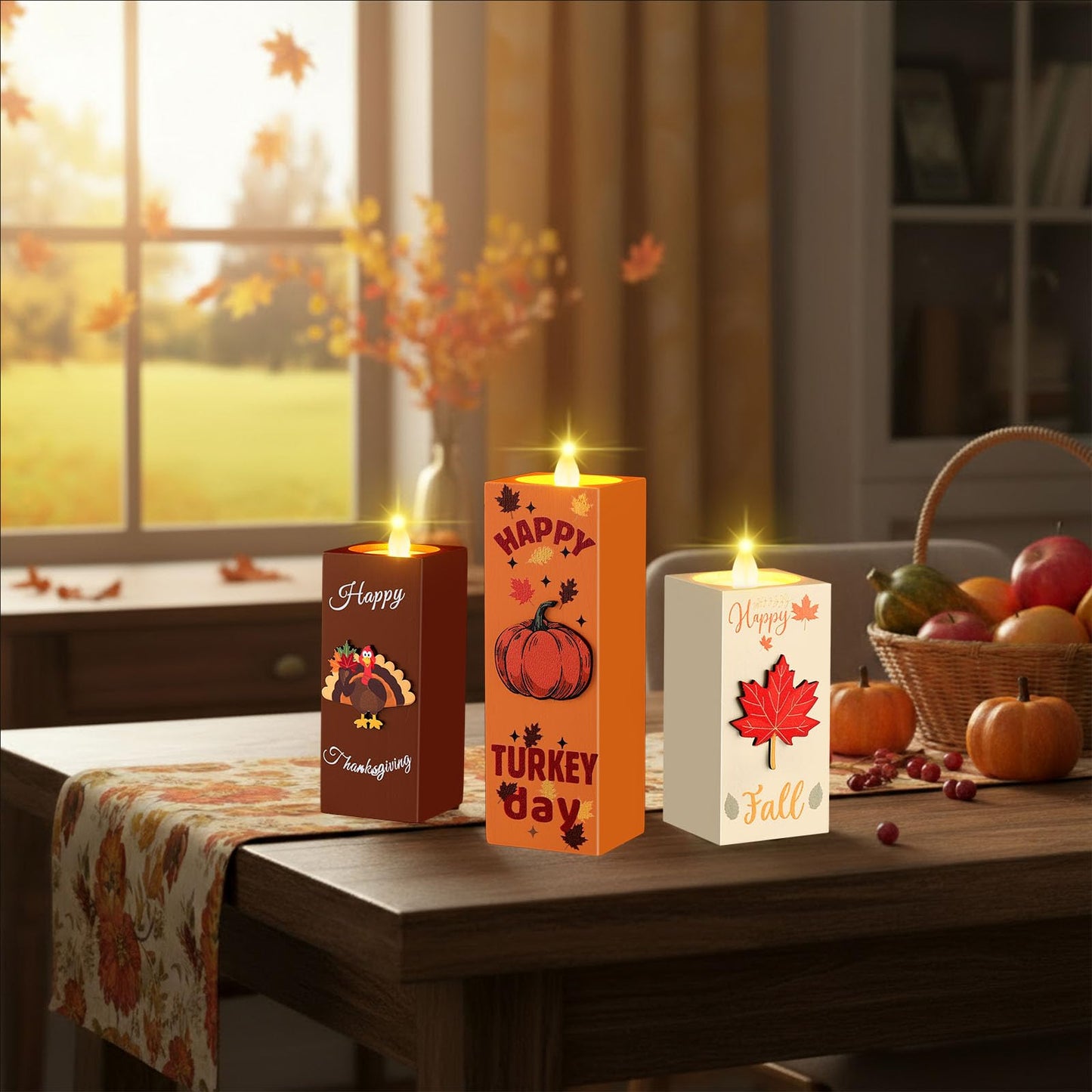 SiliFine 3 Pcs Thanksgiving Table Centerpieces Fall Candle Holders Thanksgiving Decorations Wooden Tealight Candle Holders Rustic Table Centerpieces for Home Office Holiday Decor Gifts