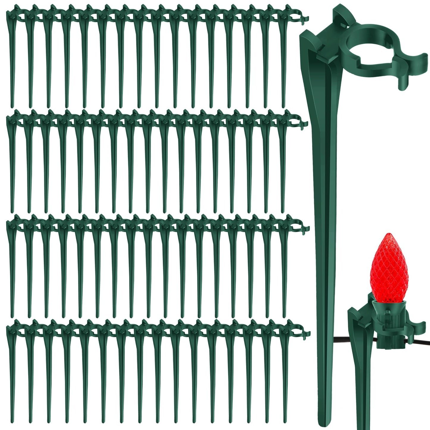AUGSHY 100 Pack Christmas Light Stakes, 7.5 inch Yard Lawn Holiday Light Ground Stakes for C7 C9 Outside String Lights Universal Outdoor Light Holders for Christmas Decoration Lawn Path Driveway Green