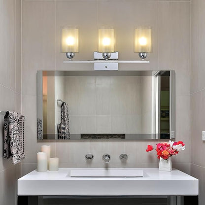 Stainless Steel Bathroom Vanity Light Over Mirror, 3 Light Polished Chrome Bathroom Light Fixtures with Milk Glass and Clear Glass Shades, Modern Vanity Lighting Wall Mount