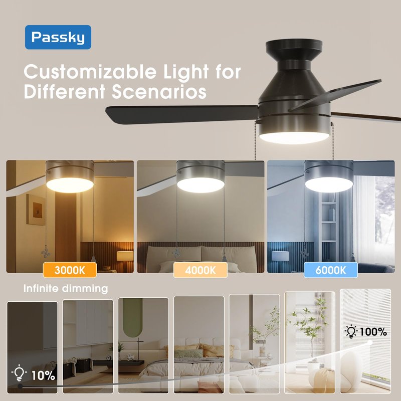 Passky Ceiling Fans with Lights, 42 inch Low Profile Ceiling Fan with Pull Chain and Remote Control, Flush Mount, Reversible, 5CCT, Dimmable, Noiseless, Black Pull Cord Ceiling Fan for Bedroom