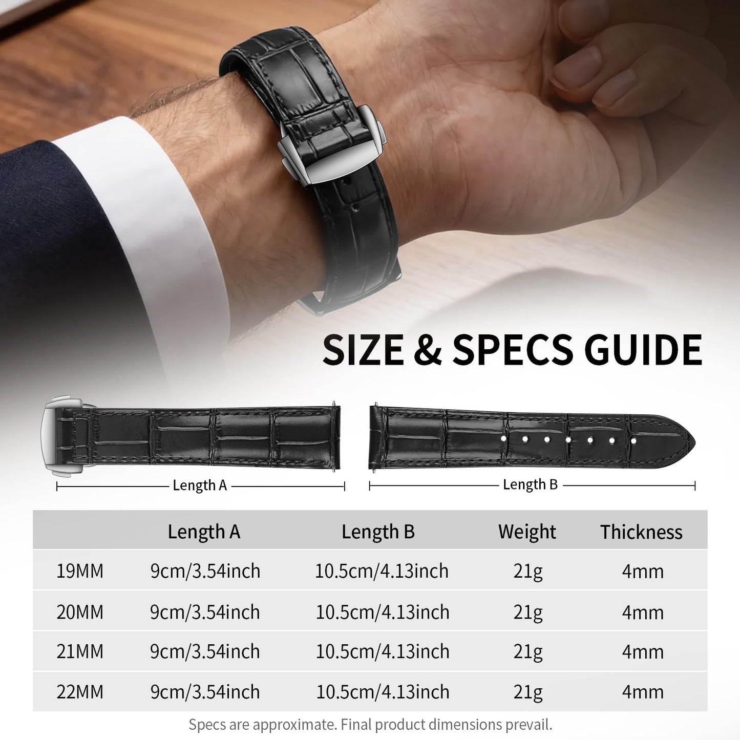 ULLCHRO Genuine Leather Watch Strap Deployment Clasp, 22mm Leather Watch Band for Men Women, Soft Ultrathin Classic Replacement, Premium Cowhide Vintage Stylish Accessory (20mm, Black)