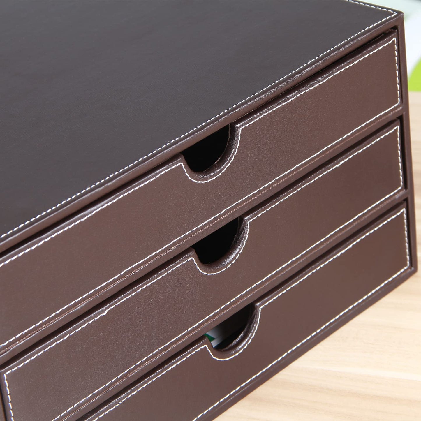 RHCSZ Stackable 3-Drawer Desk Organizer, Executive Office Supplies Desktop Filing A4 File Cabinet/Holder, Leather Storage Box for Document/Paper/Home Decor Accessories (brown)…