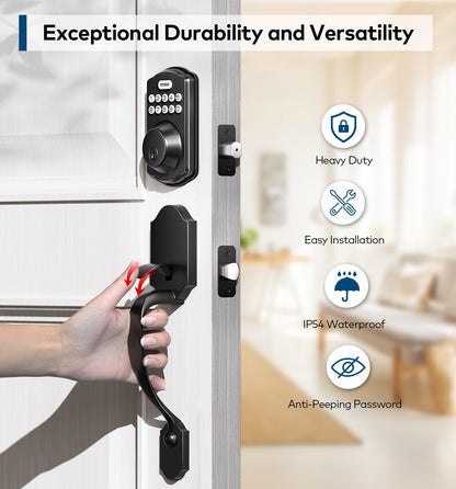 TEEHO Keyless Entry Door Lock Deadbolt with Handle Set, Electronic Digital Smart Locks Set for Front Door with 2 Keys, Easy to Install Keypad Deadbolt, Auto Lock - Matte Black