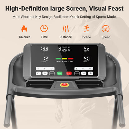 THERUN Incline Treadmill, 0-12% Auto Incline Treadmill for Running and Walking, 300 lbs Weight Capacity, Wide Belt,3.0HP,18" LED Screen, 2 Layers Shock-Absorbing