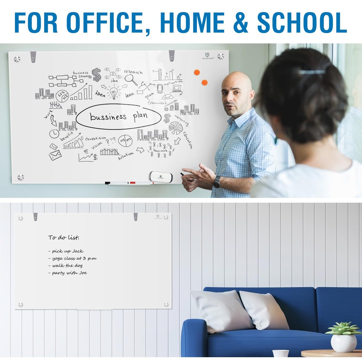 TSJ OFFICE Glass Dry-Erase Board - 36 x 24 Inches Brilliance White Magnetic Glass Whiteboard, Wall Mounted Large Frameless White Board for School, Home & Office