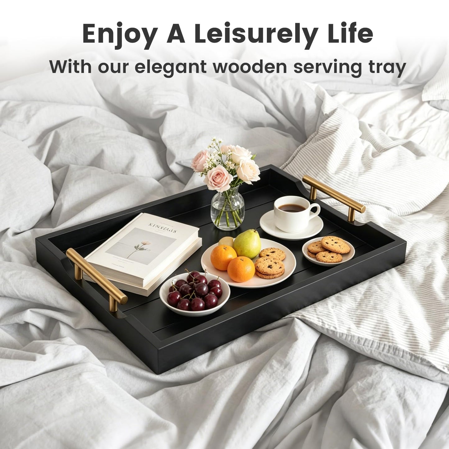 ComfyTune Wood Serving Tray with Metal Handles, 17x13in Large Wooden Tray for Ottoman, Coffee Table, Breakfast, Dinner & Bar, Decorative Tray for Living Room, Bedroom, Bathroom and Kitchen, Black