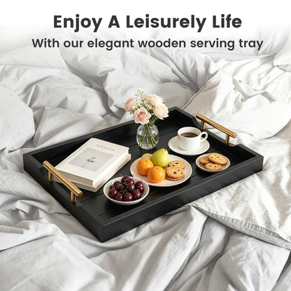 ComfyTune Wood Serving Tray with Metal Handles, 17x13in Large Wooden Tray for Ottoman, Coffee Table, Breakfast, Dinner & Bar, Decorative Tray for Living Room, Bedroom, Bathroom and Kitchen, Black