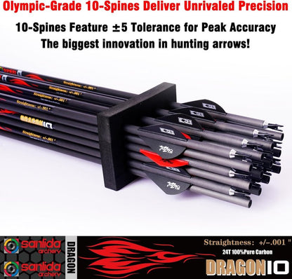100% Pure Carbon Hunting Arrows - Olympic-Grade 10 Spine Deflection | 0.001"/0.003"/0.006" Straightness, Ideal for Compound & Recurve Bows (12/24PCS)