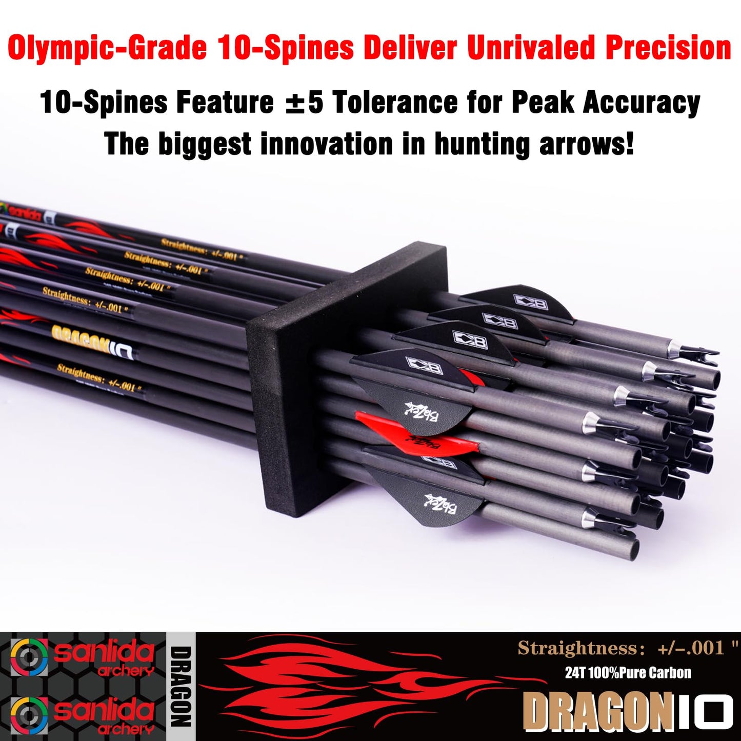 Sanlida Dragon 10 100% Pure Carbon Hunting Arrows for Compound Bow, Olympic-Grade 10-Spine Precision, ±0.001" Straightness, 32" Carbon Arrows, 24 Pack (310 Spine)