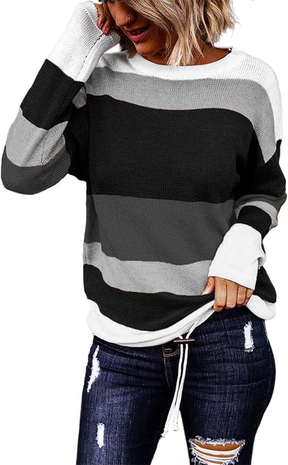 Dokotoo Womens Sweaters Striped Fall Winter Outfits 2025 Crewneck Drawstring Color Block Fashion Clothing