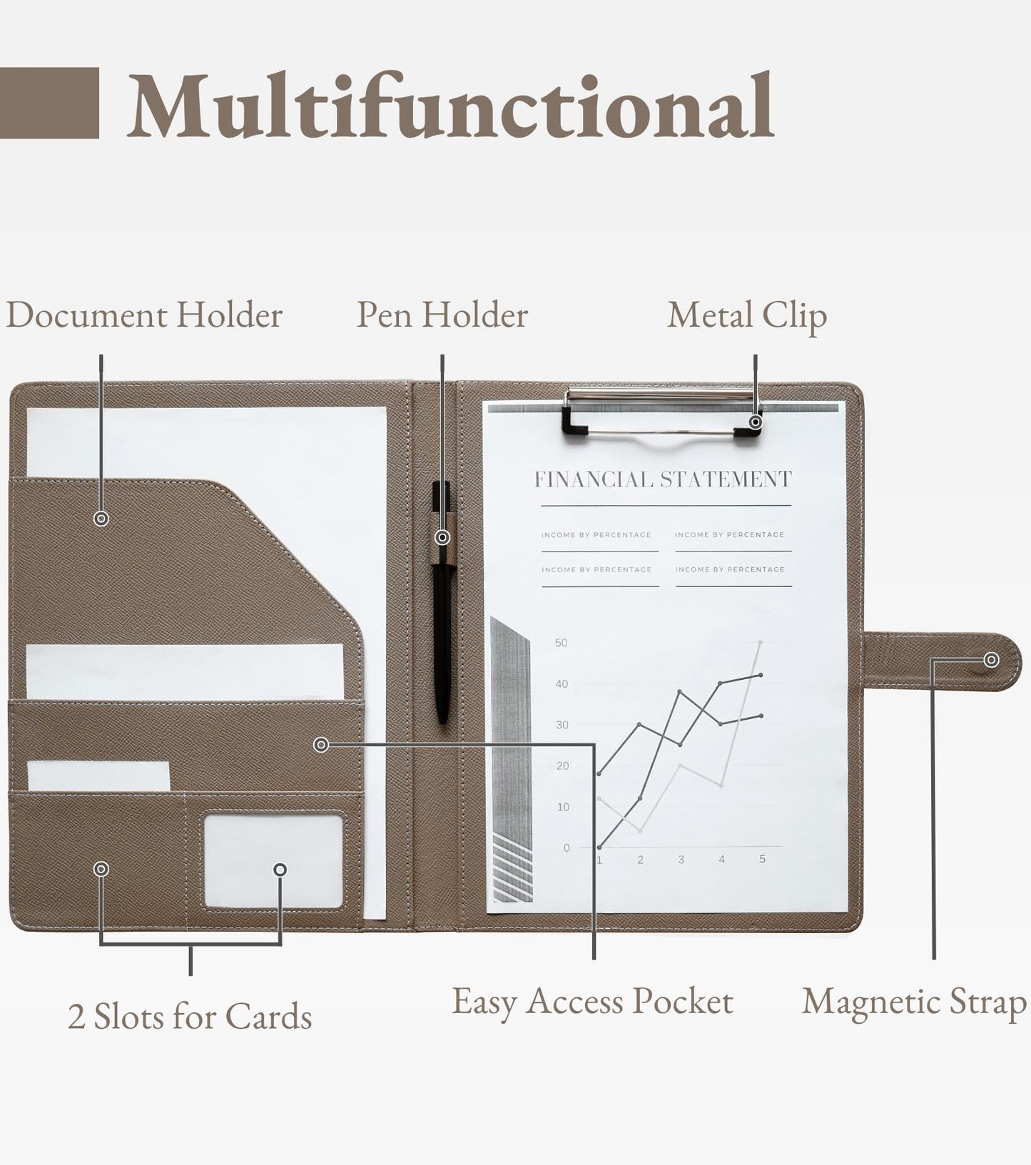 Zreal Padfolio Portfolio for Women and Men, Faux Leather Clipboard Folder with Document Organizer, Business Card & Pen Holder, Fits A4 Letter Size Legal pad for Work, Office & Conference (Taupe)
