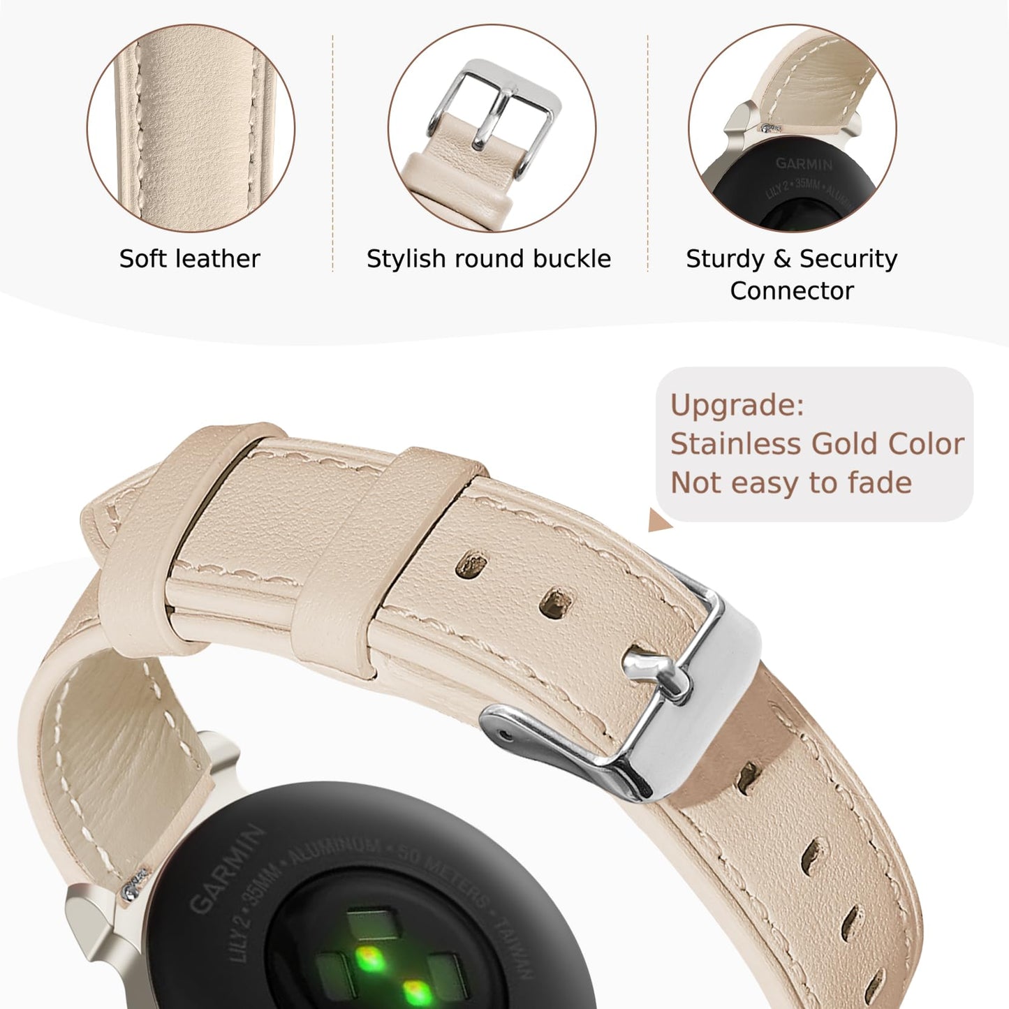 Leather Bands Compatible with Garmin Lily 2, 14mm Top Grain Soft Loop Straps Quick Release Replacement Adjustable Wristband for Lily 2 Classic/Active Smart Watch Accessory for Grace Women