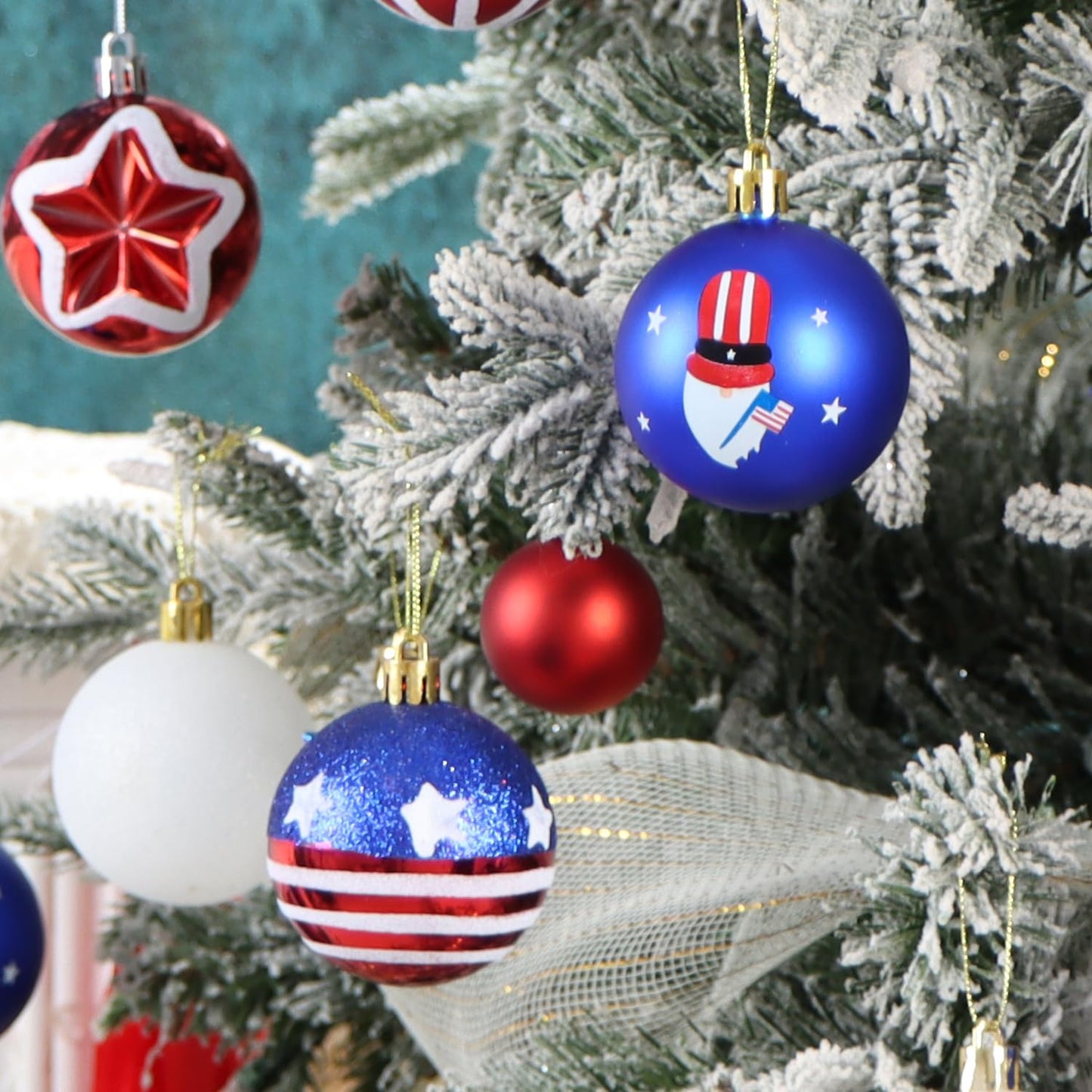 100Pcs 4th of July Tree Decorations Patriotic Ornaments, 2.36'' Memorial Day Red White Blue Ornaments and Star, Shatterproof American Hanging Ball Decor for Independence Day USA 250th Holiday