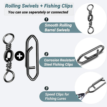 AMYSPORTS Heavy Strength Fishing Snap Stainless Saltwater Freshwater Fishing Swivel Clip Rolling Barrel Fishing Clips Swivels Speed Change Black Nickel, 50pcs, 70lb