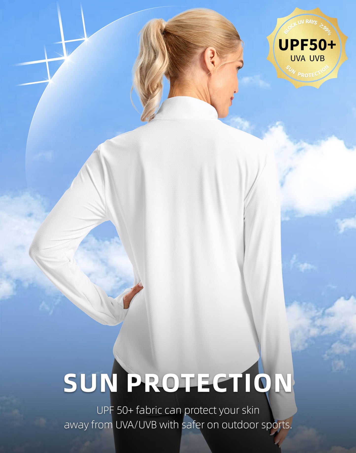 Soothfeel Women's UPF 50+ Lightweight Athletic Jackets Sun Protection Zip Up Long Sleeve Shirts Hiking Workout Outdoor Pocket, White, L