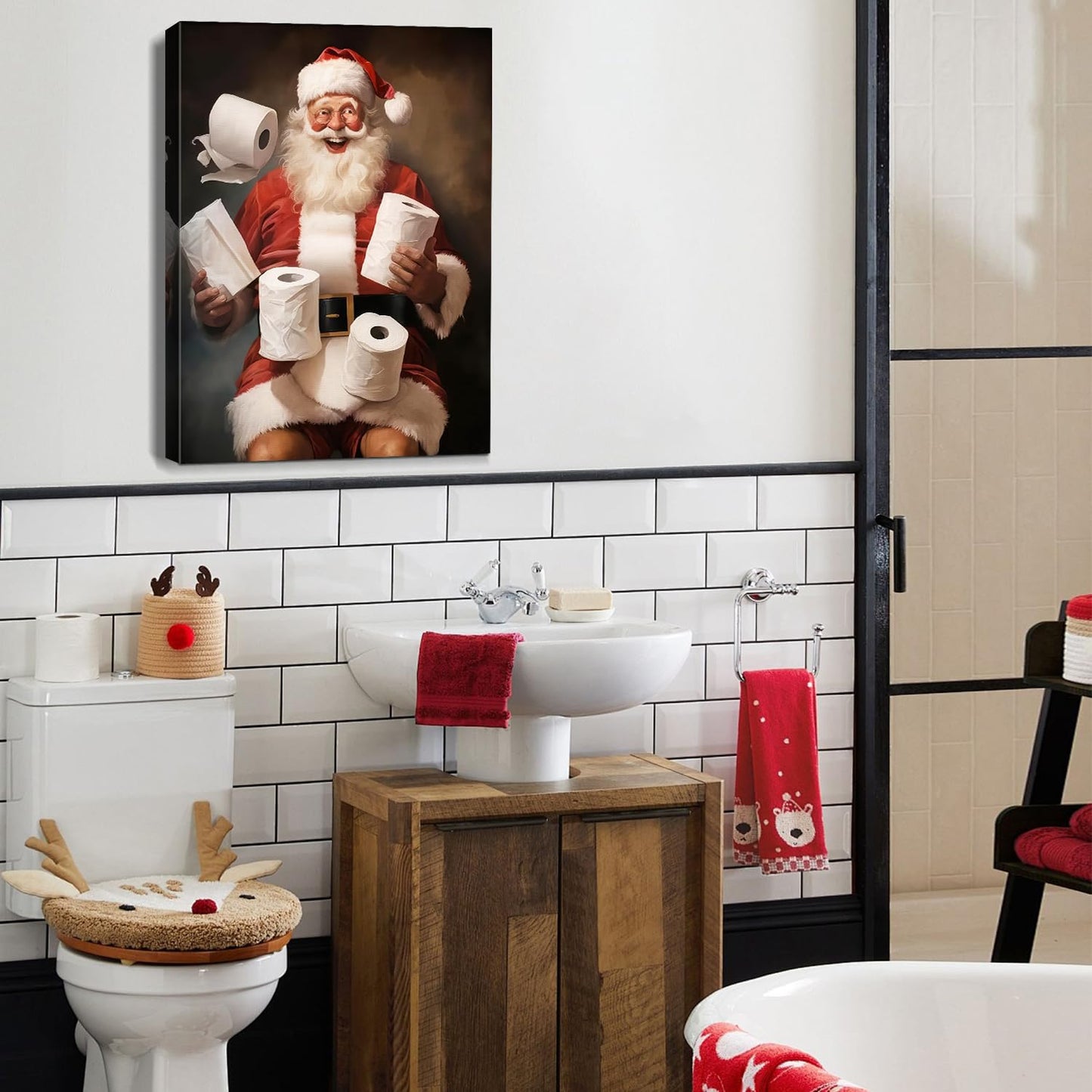 Funny Santa Christmas Canvas Wall Art for Bathroom, Humorous Framed Canvas Prints Ready to Hang, Unique Christmas Gifts for Home & Office Christmas Decorations