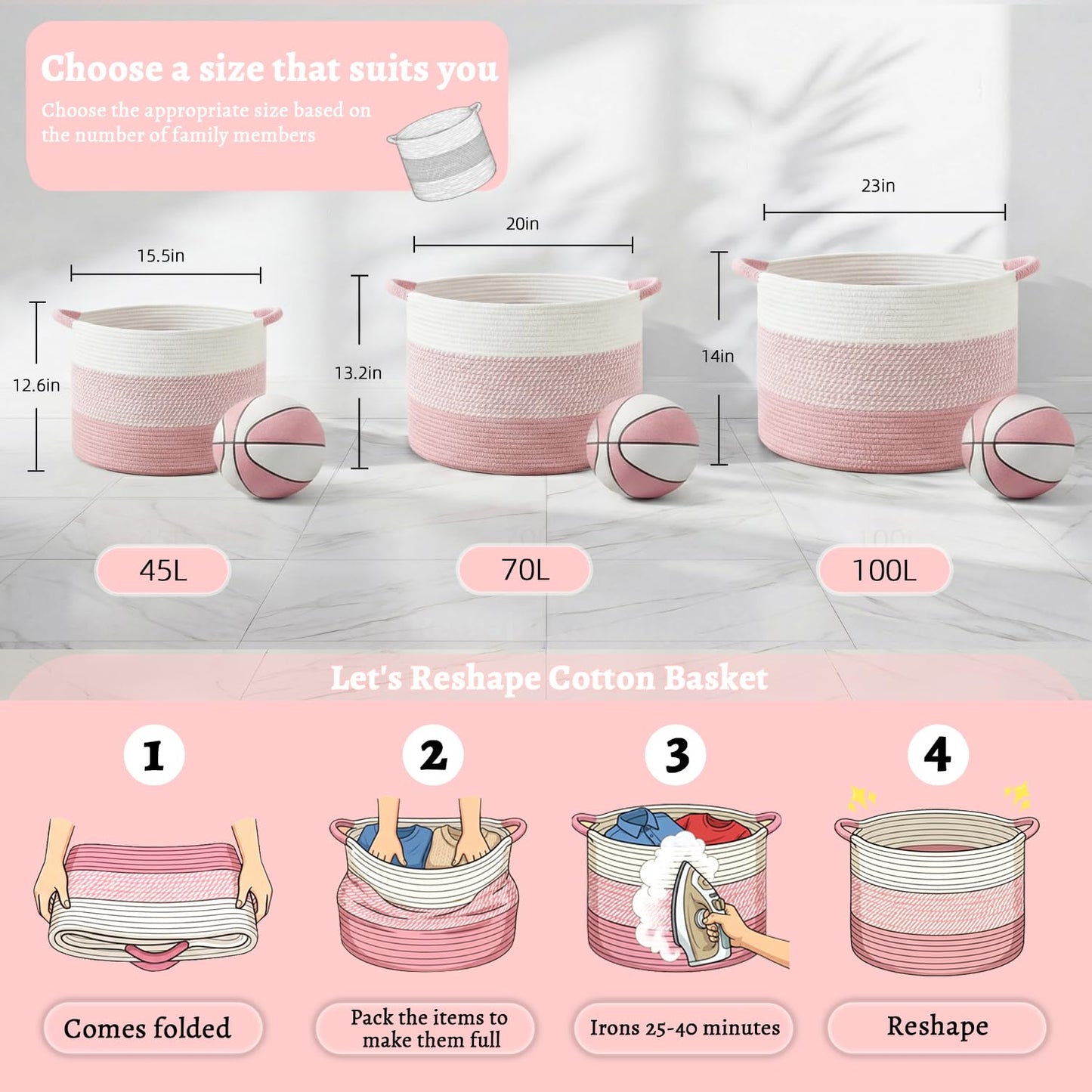 Artfeel 70L Large Cotton Rope Basket, Decorative Woven Blanket Storage for Living Room, Boho Toy Storage & Toy Box for Kids, Versatile Laundry Basket & Nursery Hamper for Blankets(Pink)