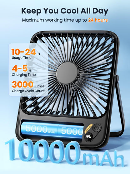 Warmco 10000mAh Portable Travel Fan 7-inch, [10-24H Runtime] Ultra-thin Digital Display Mini Desk Battery Operated Fan for Bedroom, Camping, Cruise Essentials 2025