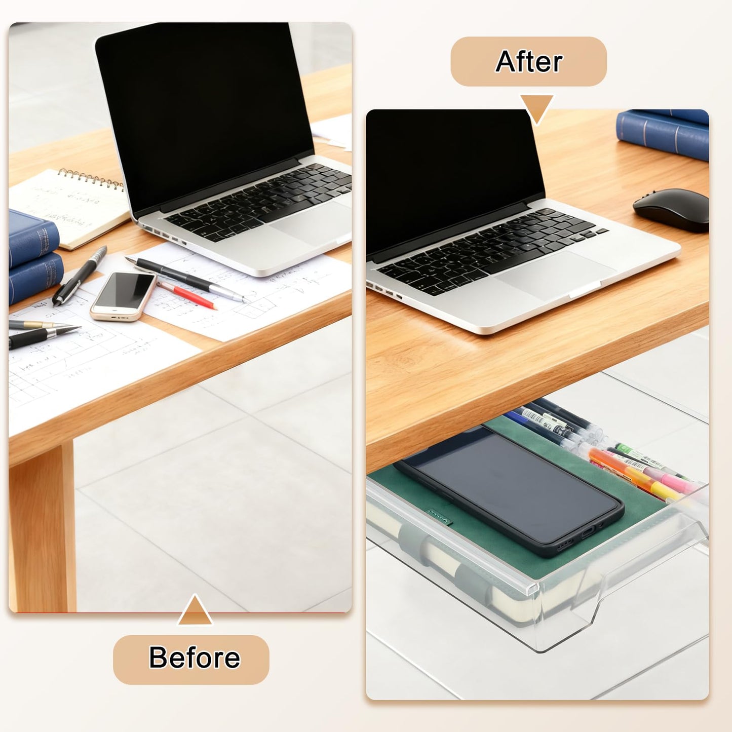 2 Pair Super Capacity 11.85 "x 8.9" Under Desk Drawer Hidden Strorage Drawer Self-Adhesive Slide Out with Smooth Gliding Motion - Attachable & Space-Saving Under Desk Organizer with Screw Kit, Clear