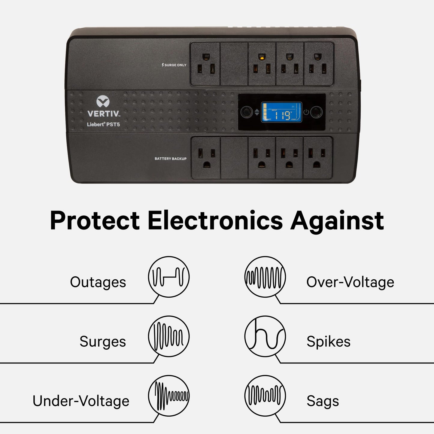 Vertiv Liebert PST5 UPS - 850VA/500W 120V Standby Power, 8 Outlets, Battery Backup with Surge Protection, LCD Screen, Energy Star Certified, 3 Year Warranty, Free Shutdown Software (PST5-850MT120)
