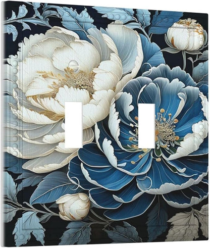 White Blue Flower Peonies Light Switch Covers Double Toggle 2 Gang Wall Plate Dual Decorative Switchplate Electrical Faceplate for Farmhouse Living Room Decor