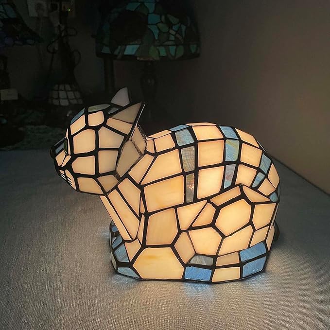 Bieye L10872 Lovely Cat Tiffany Style Stained Glass Accent Table Lamp Night Light for Home Decoration (One Cat, Blue)