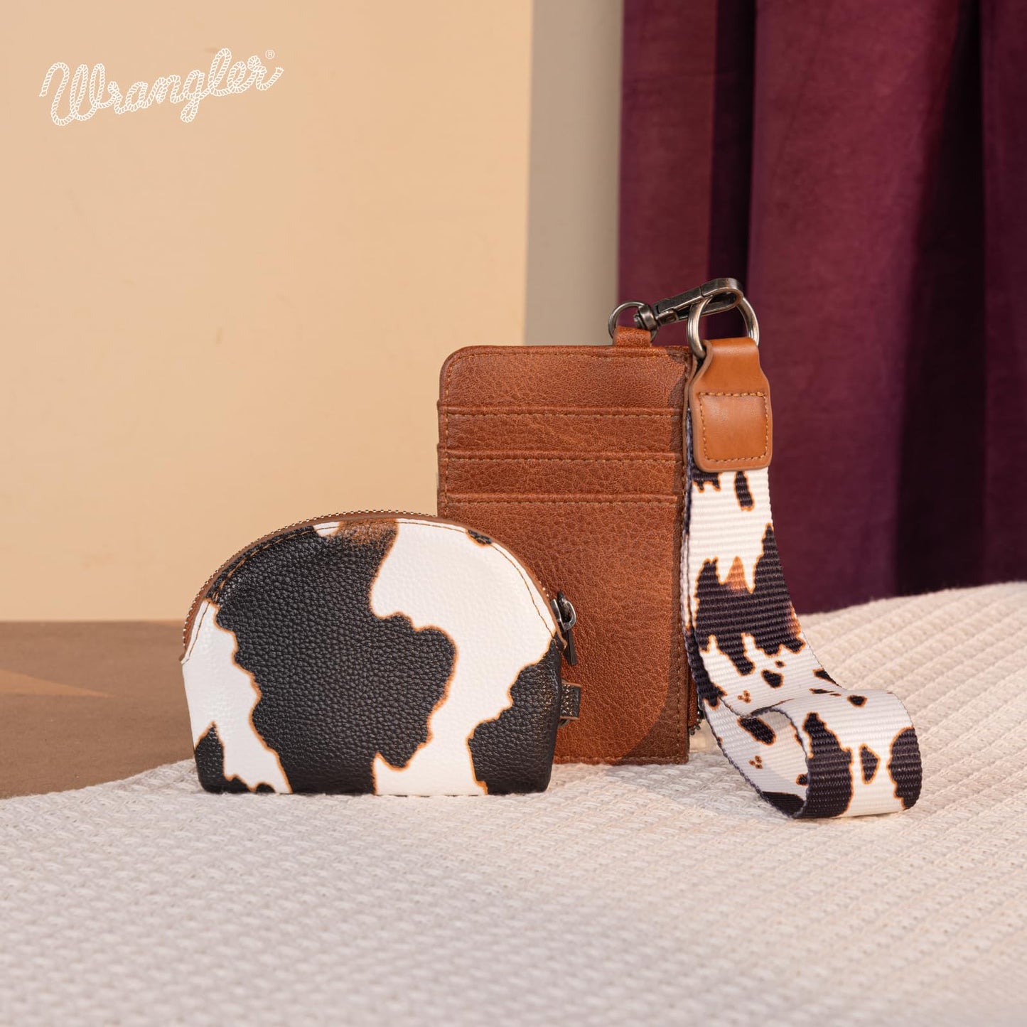 Montana West Wrangler Cow Print KeyChain Wristlet Wallets for Women Western Dual Pouch Wristlet Portable Credit Card Holder Wallet With Zipper