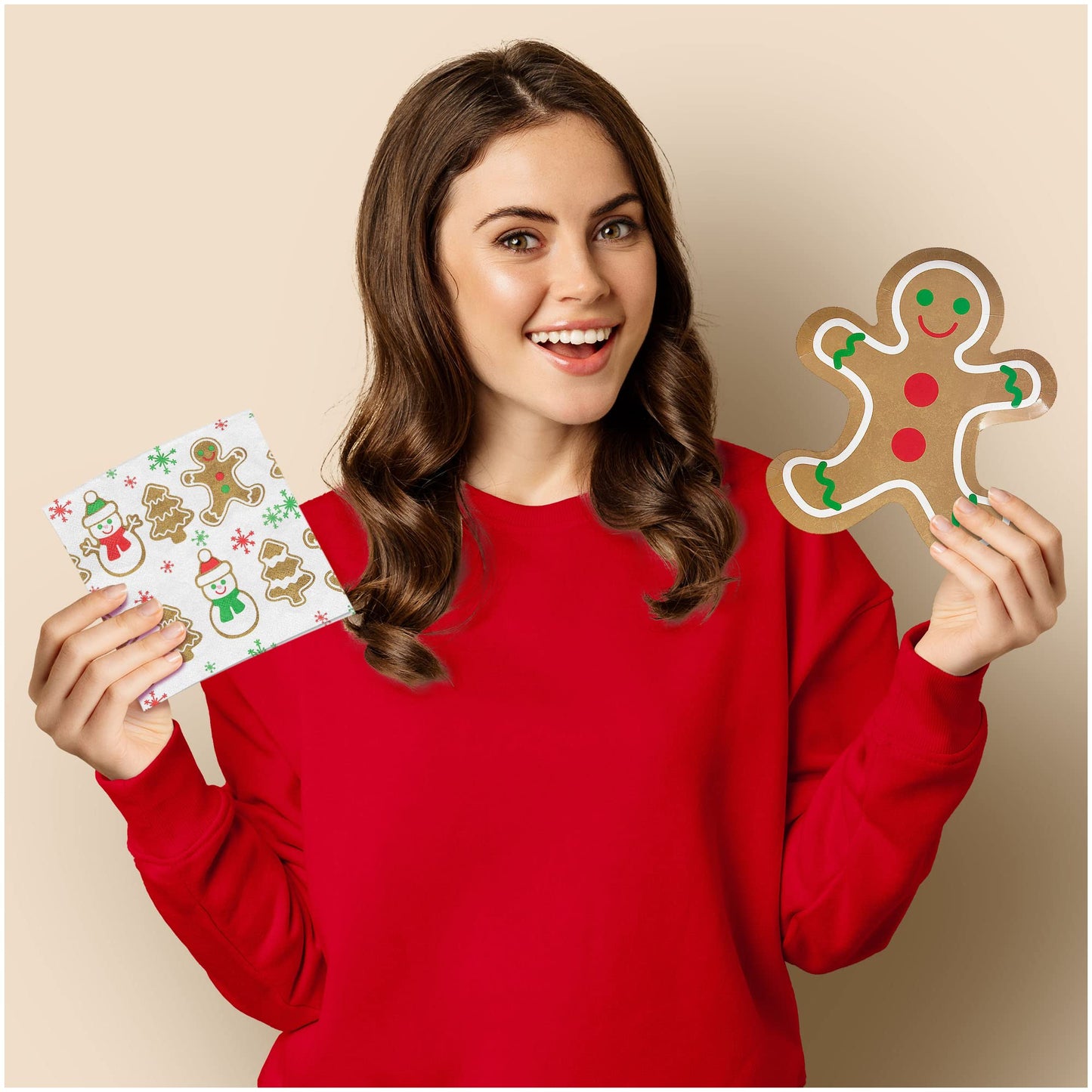 HOME & HOOPLA Gingerbread Man Shaped Paper Dessert Plates, Napkins, Cups, Table Cover, and Hanging Garland for Christmas Holiday and Winter Parties (Serves 16)