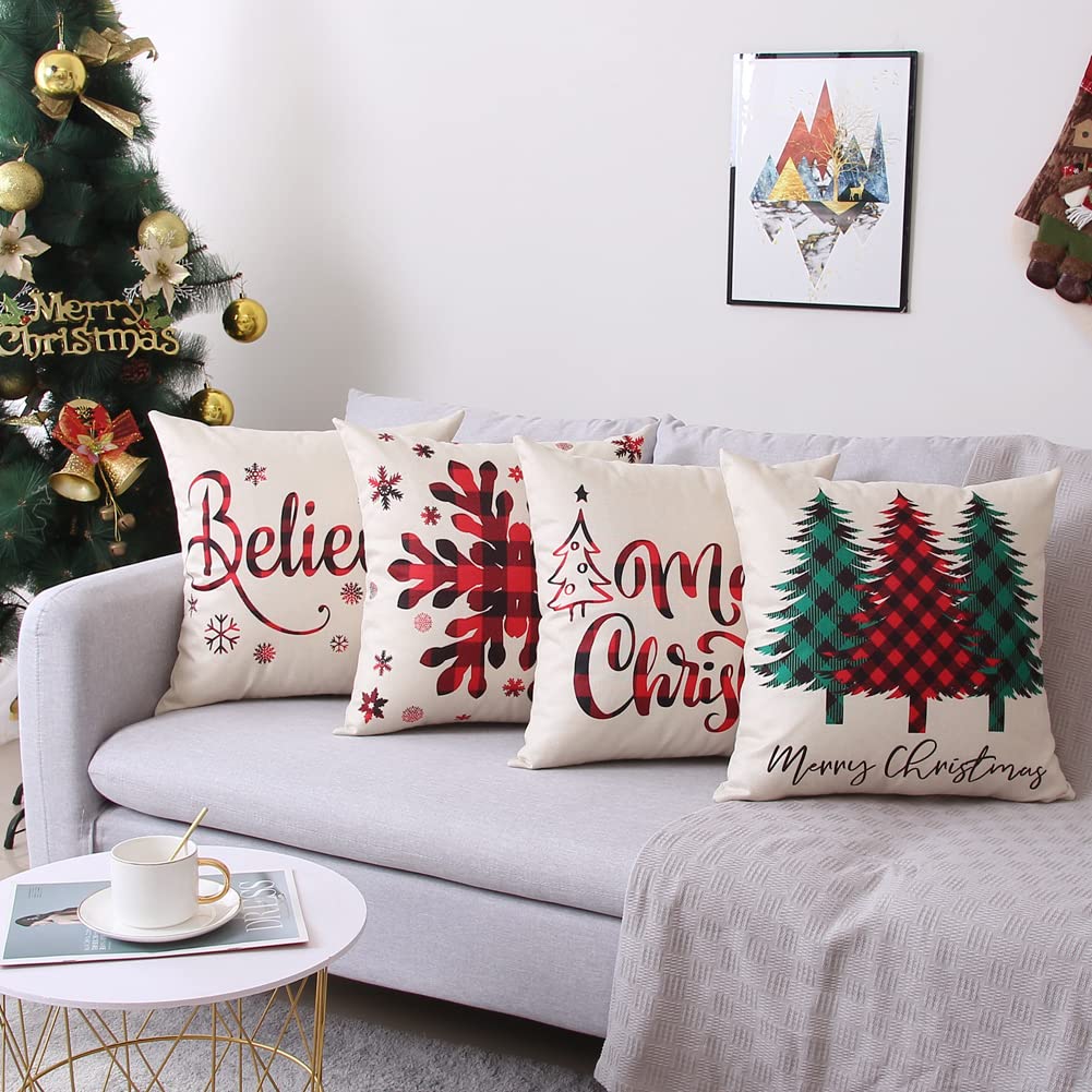 Coeufuedy Christmas Pillow Covers 18x18 Set of 4 Farmhouse Pillow Covers Holiday Rustic Linen Pillow Case Christmas Decor Pillowcase for Sofa Couch Bed and Car