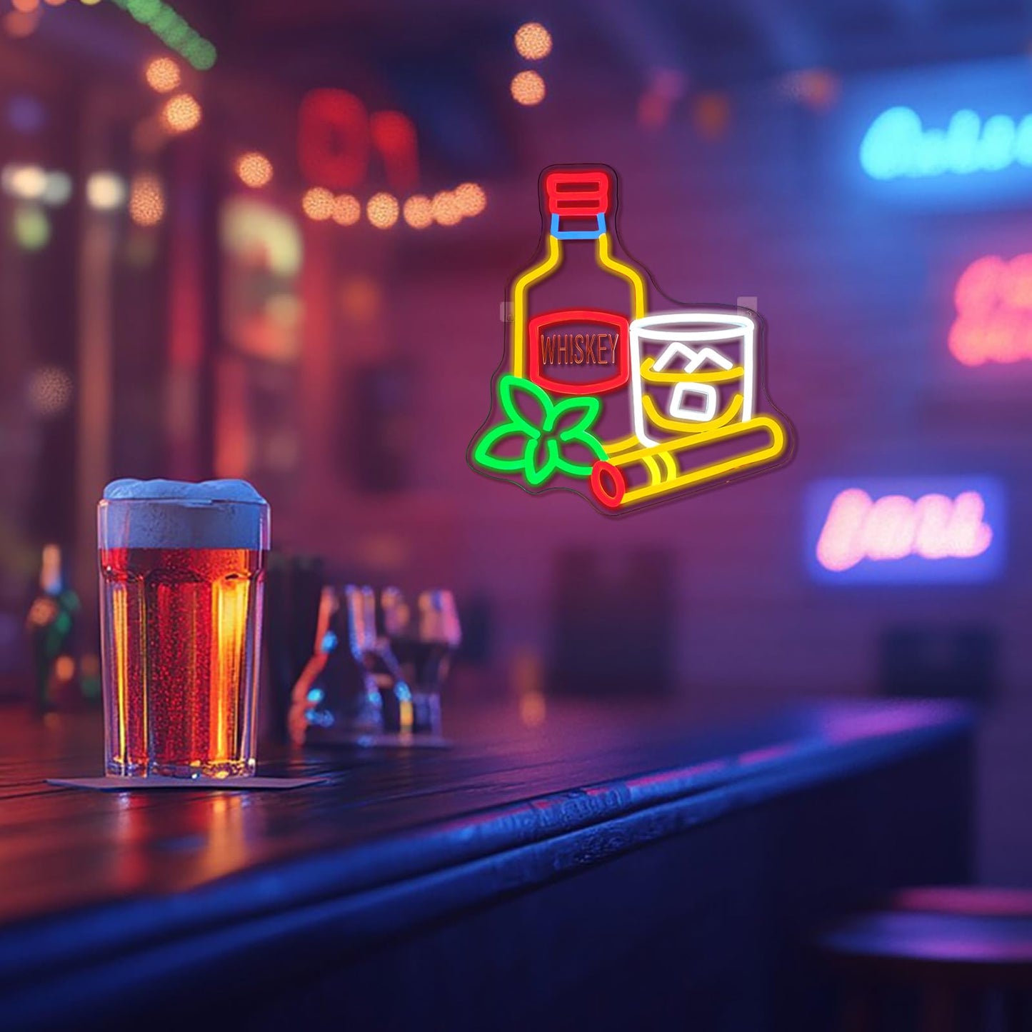 Runalosa Whiskey Neon Sign for Business Dimmable Bistro Bar Neon Light Sign for Wall Decor Alcohol Drinks Led Signs for Restaurant Home Bar Beer Pub Party Man Cave Decor Gift for Men 12.6" x 13.7"