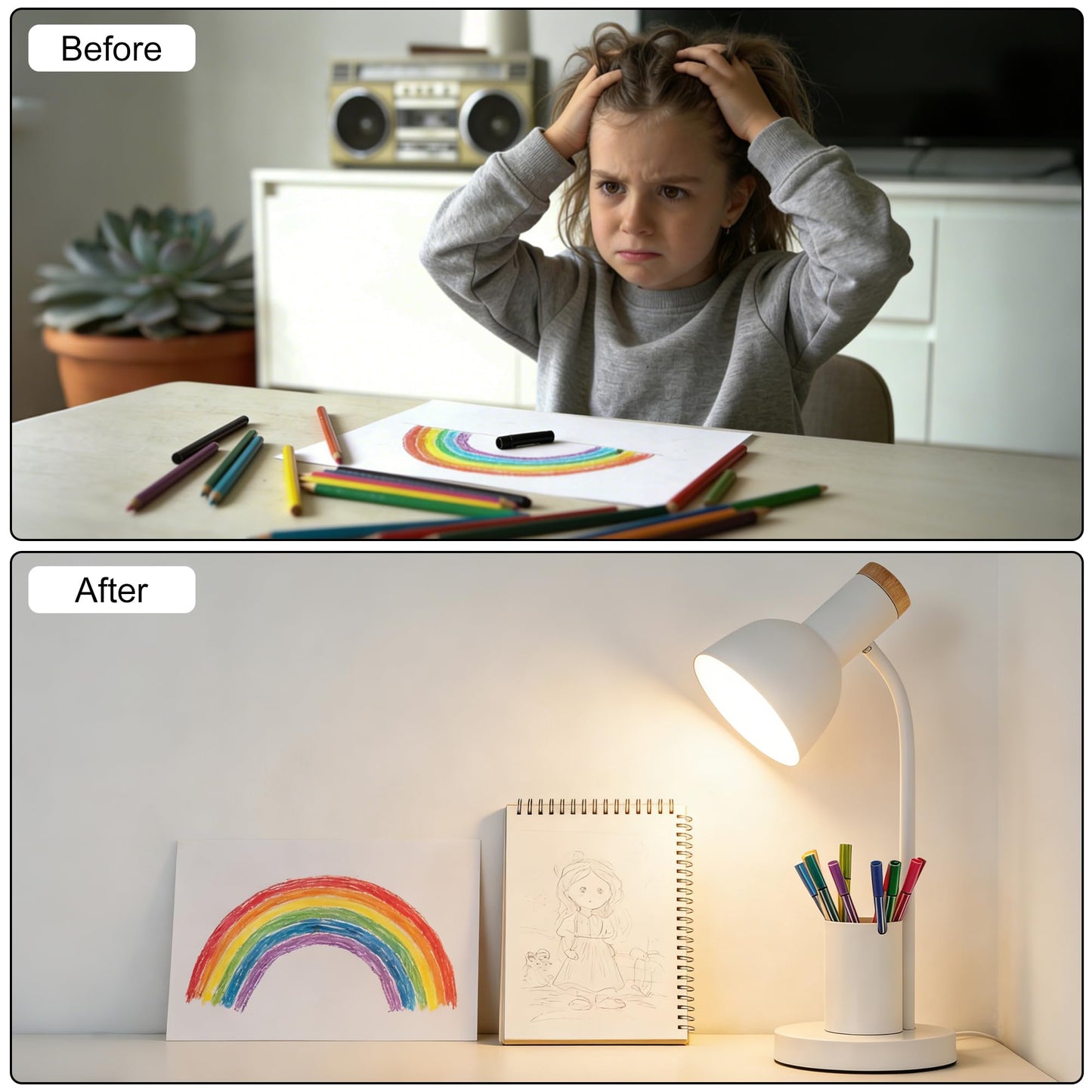 WLHONG LED Desk Lamp, Table Lamps with Pen Holder, 3 Color Modes Eye-Caring Reading Light with Flexible Gooseneck, Study Lamp for Kids Bedside Home Office Room College Dorm Essentials (White)