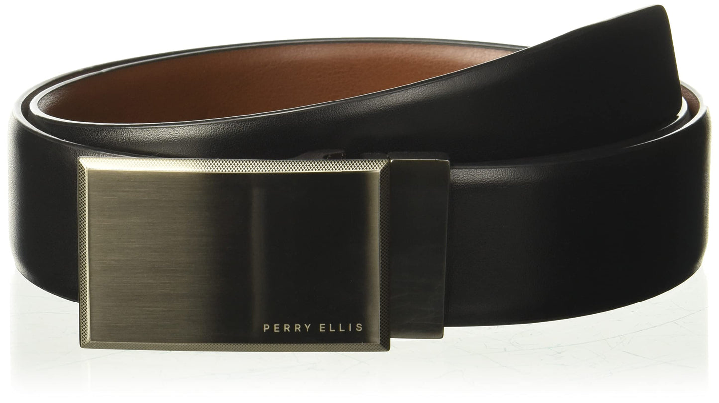 Perry Ellis Men's Portfolio Patterned Plaque 100% Leather Reversible Belt , Blk20, 34
