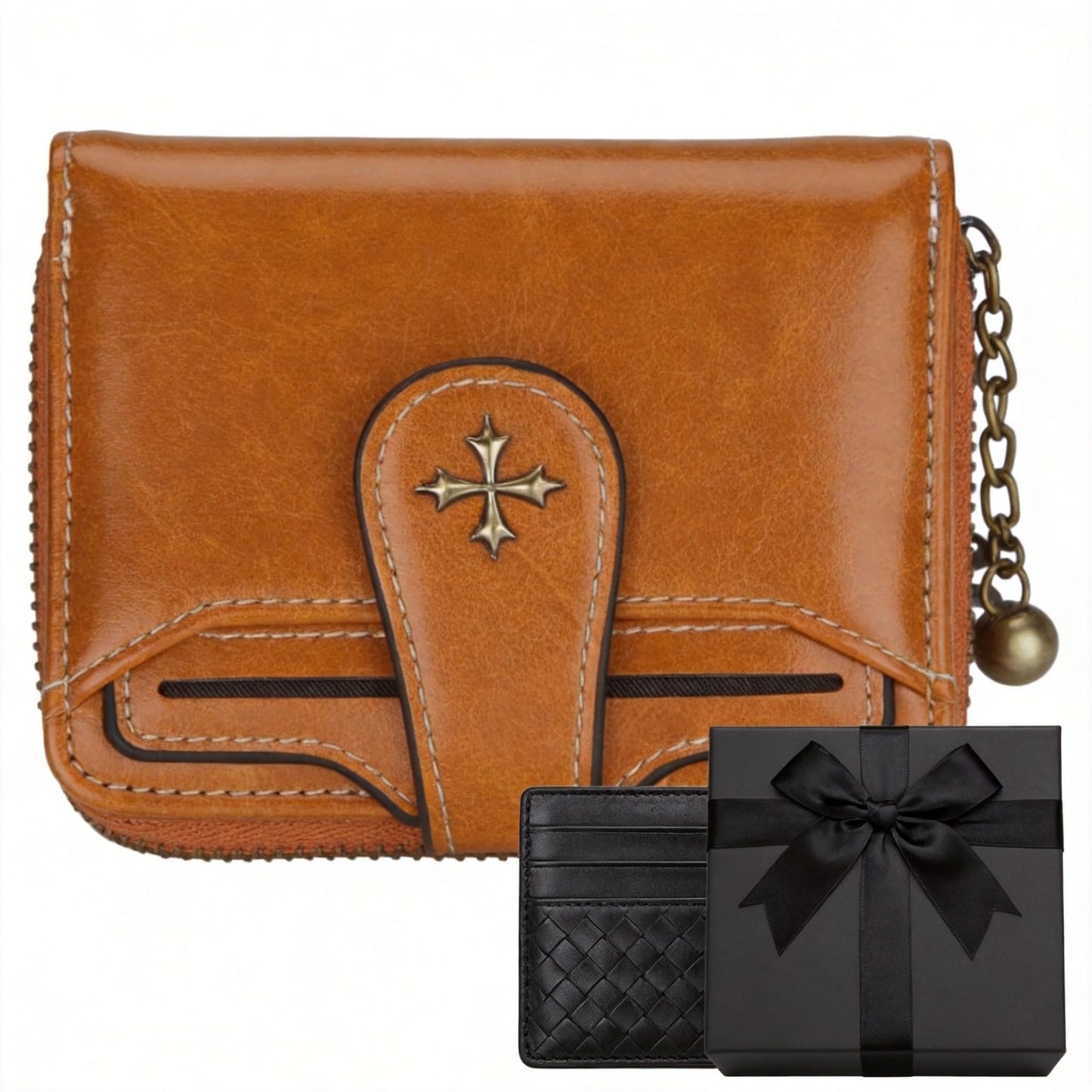 Plinvo Small Vintage Genuine Leather Wallet for Women Bifold Zip Coin Pocket Goth Style Mini Purse Red (Brown1)