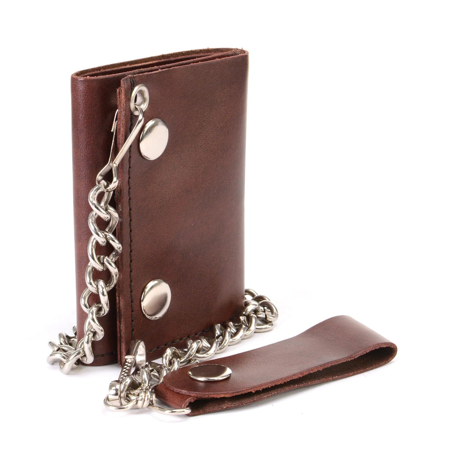 Milwaukee Leather MLW7886 Men's 4” Antique Brown Leather Biker Tri-Fold Wallet w/Anti-Theft Stainless Steel Chain - 4 Inch