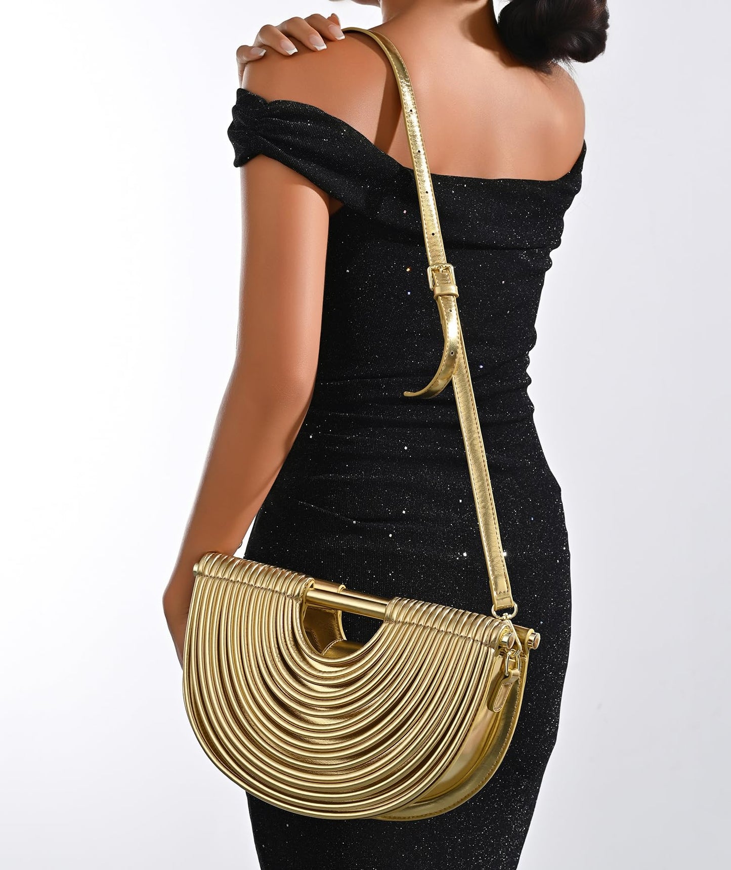 Ophlid Half-Moon Clutch Purse for Women Wedding Woven Evening Shoulder Bag Top Handle Gold Party Prom Handbag Gold