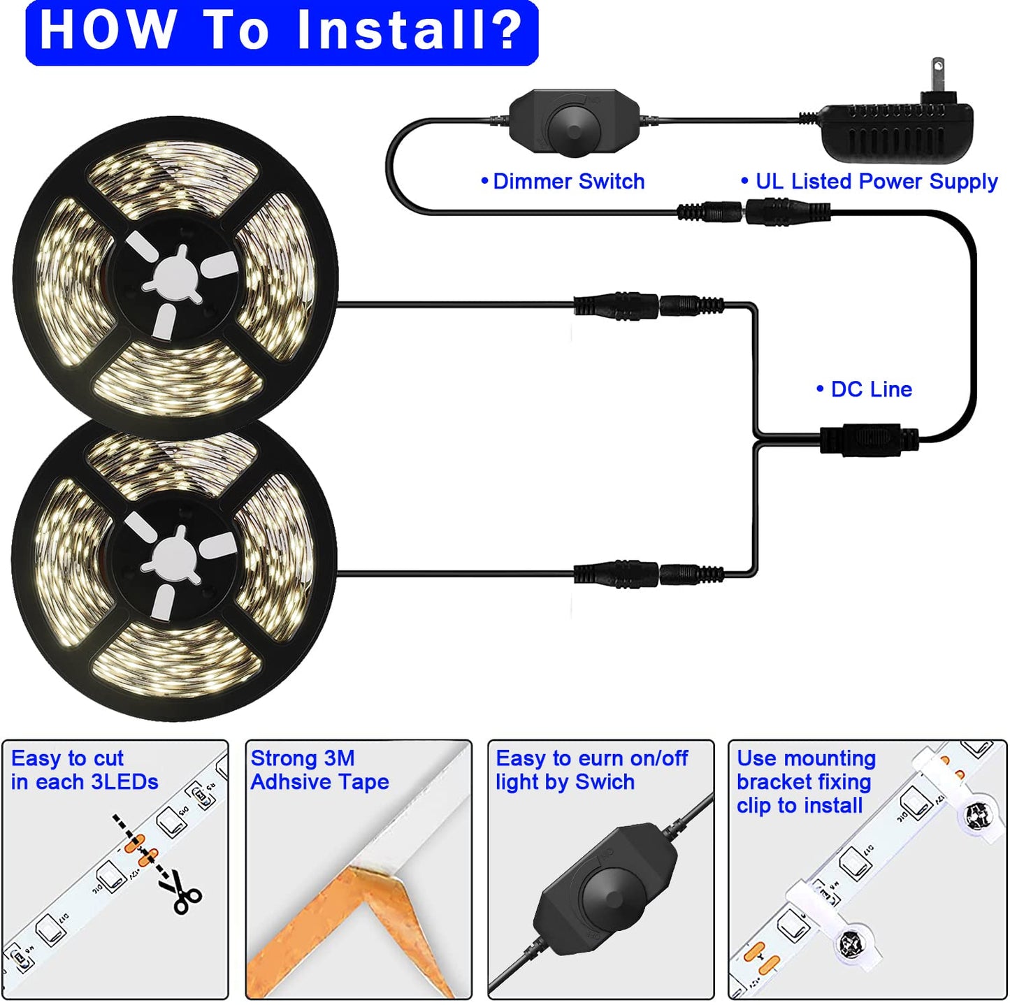 JUNWEN 40ft Daylight White Led Strip Lights, 6000K 12V Dimmable Flexible Led Tape Light, Cuttable Led Lights Strip for Bedroom Christmas, Kitchen, Cabinet, Mirror, Not Waterproof