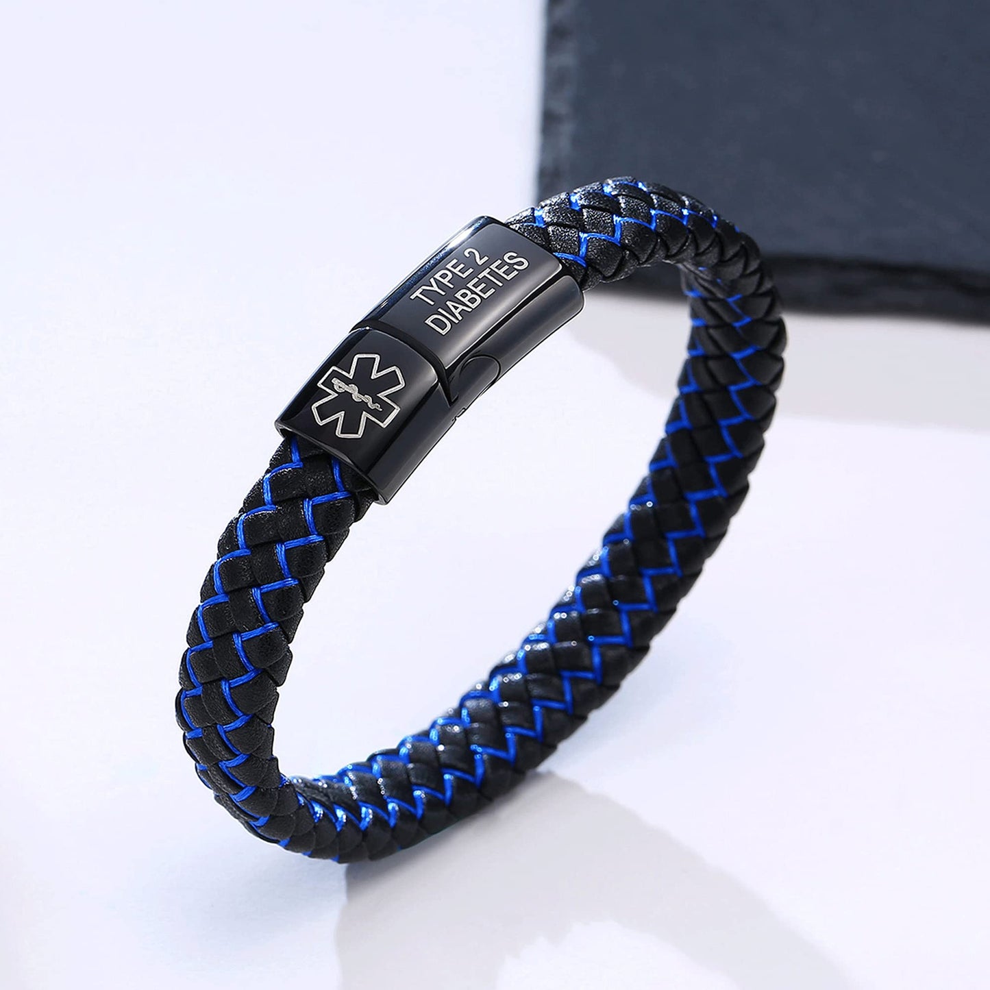 VNOX Blue TYPE 2 DIABETES Braided Leather Medical Symbol Caduceus with Stainless Steel Cuff Wristband Bracelet,8.5 Inches