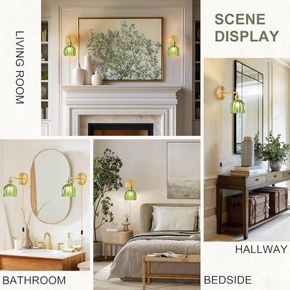 Plug in Wall Sconces Set of 2, Vintage Wall Sconce Light with Tulip Green Glass Lampshade, 180° Adjustable Wall Sconce with Switch and Plug in wall lamp Cord, Gold Wall Light Wall Decor Set of 2