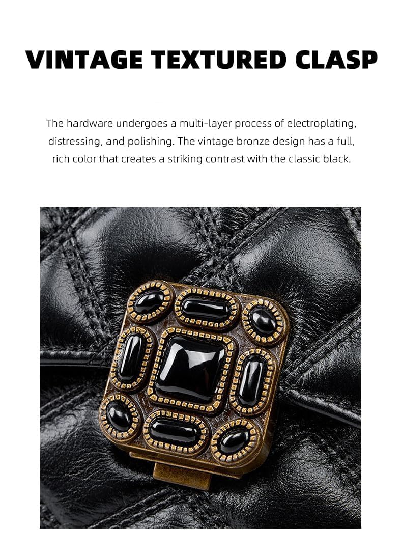 Mewpurrs Genuine Leather Crossbody Bag for Women – Quilted Small Flap Shoulder Purse with Vintage Clasp, Adjustable Chain Strap for Evening & Daily, Black