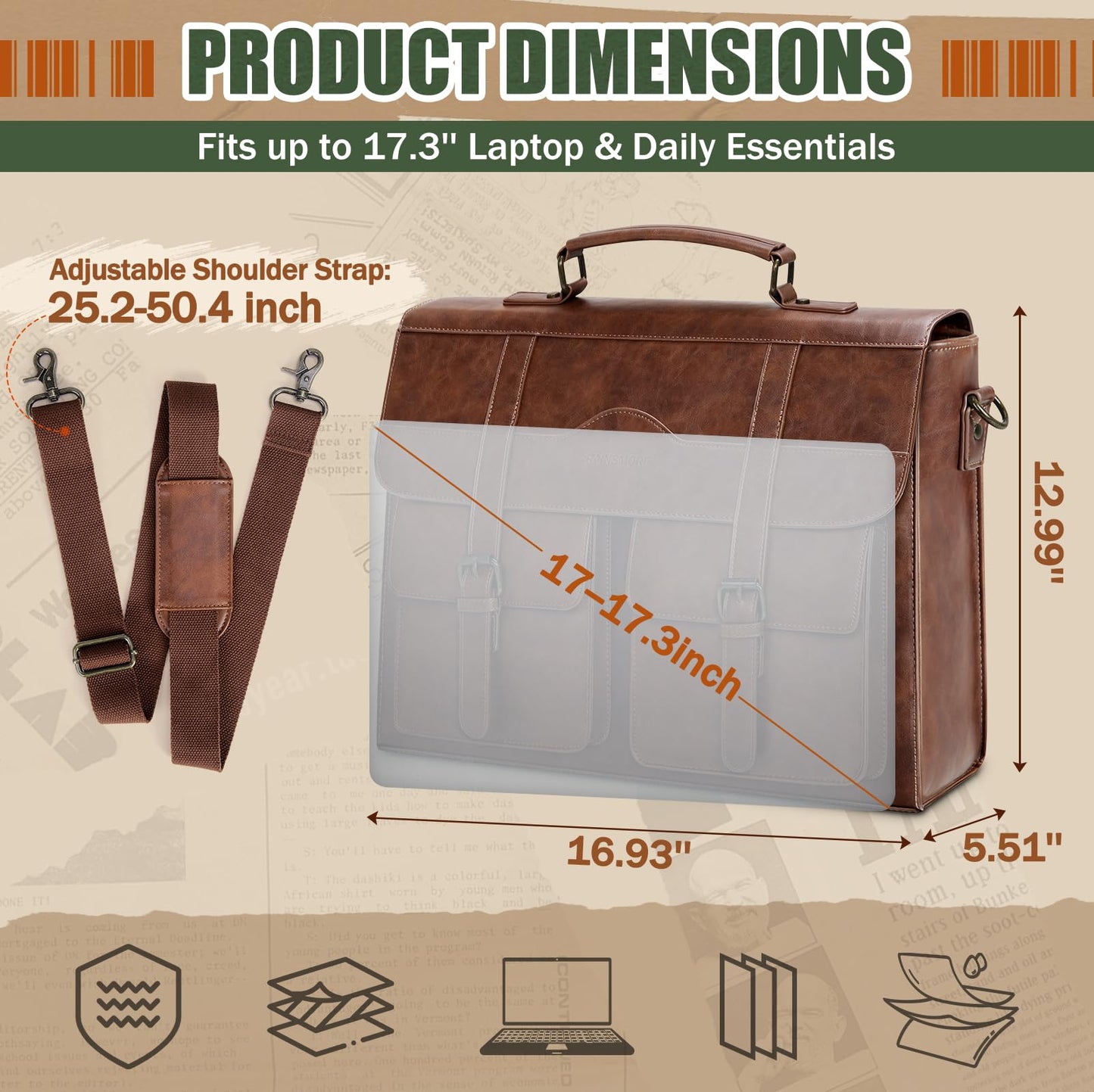RAINSMORE Mens Messenger Bag 17 Inch Vintage Leather Laptop Briefcase Magnetic Closure Large Satchel Computer Shoulder Bag for Office Travel College, Brown