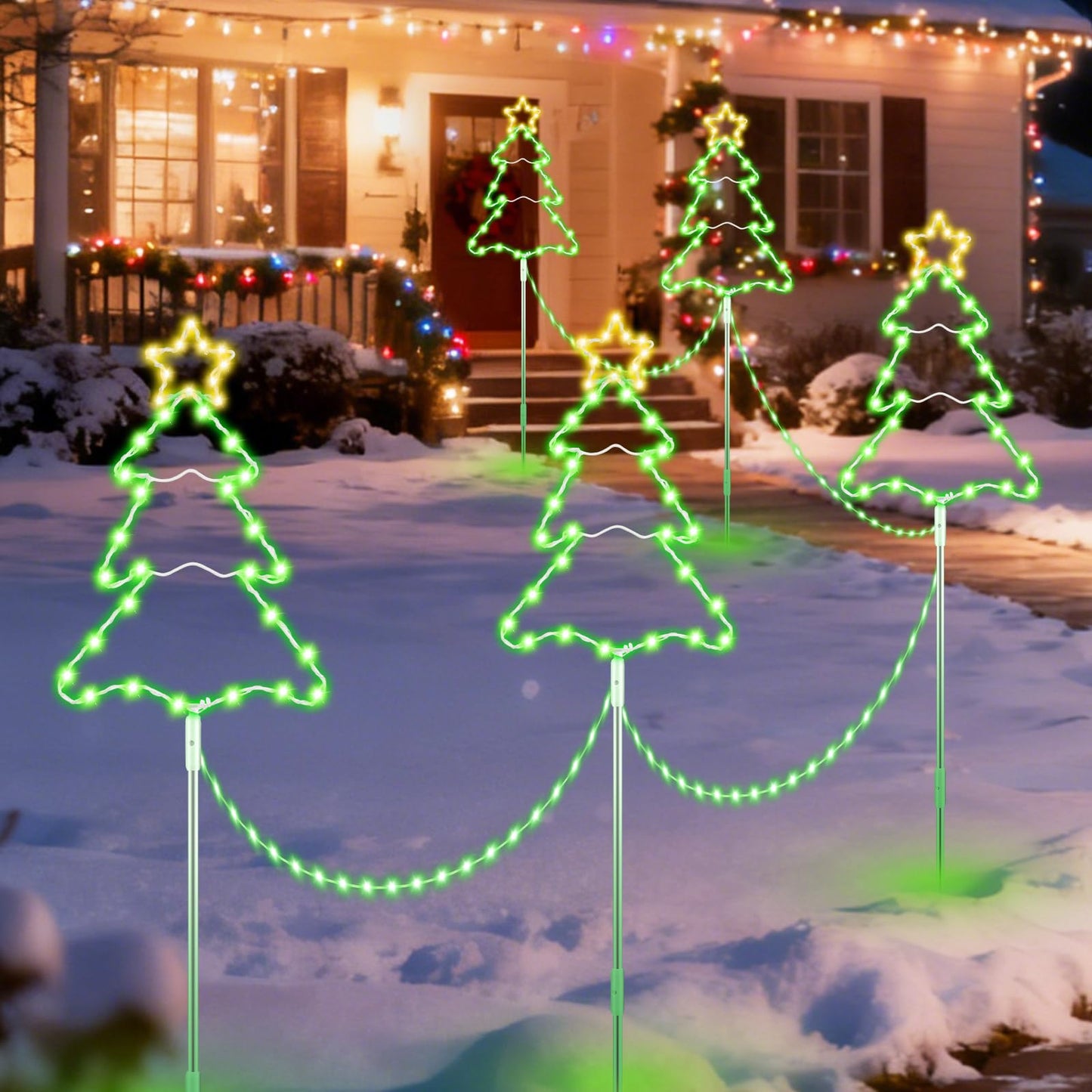 5 Pack 39.4'' Higher Christmas Tree Pathway Lights 250LEDS Outdoor Decorations, Bigger 13.8" Christmas Tree Sign w/ 8 Modes Lighting Waterproof Stake Lights for Xmas Festive Outside Garden, Yard Decor