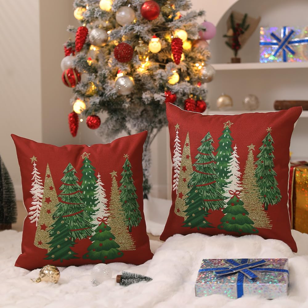 DFXSZ Christmas Pillow Covers 18x18 Inch Set of 2 Xmas Tree Decorative Red Throw Pillows Winter Christmas Decor for Home Couch TH-50C18