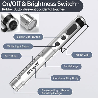 RISEMART Pen Light for Nurse, Rechargeable LED Medical PenLight, Warm/Cool White & Stepless Dimming, Portable Medical PenLight for Nurse, Doctor, First Aid, EMT, Nursing, Nursing Student (Sliver)