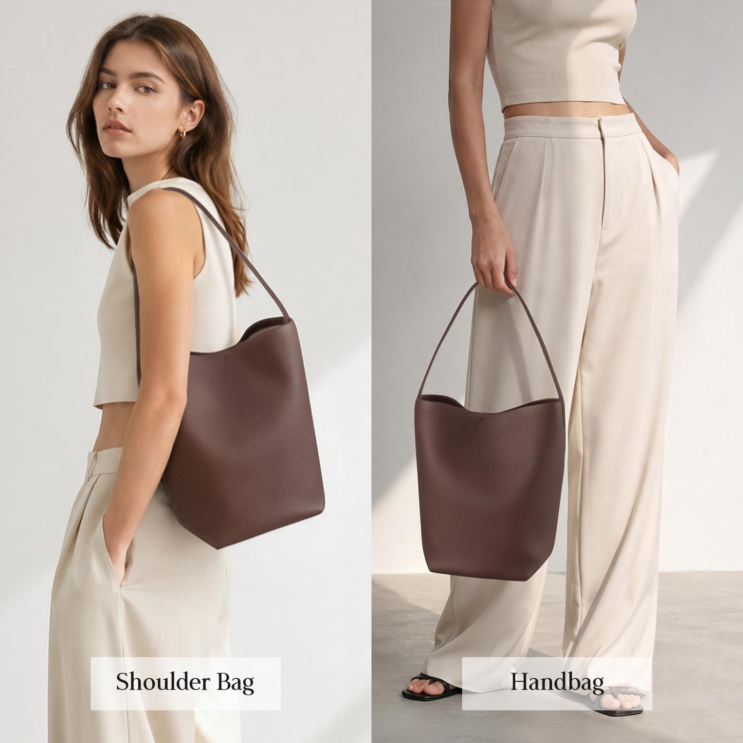 befen Coffee Brown Bucket Tote Bag for Women, Genuine Leather Shoulder Bag, Large Capacity Everyday Purse for Office and Everyday Use