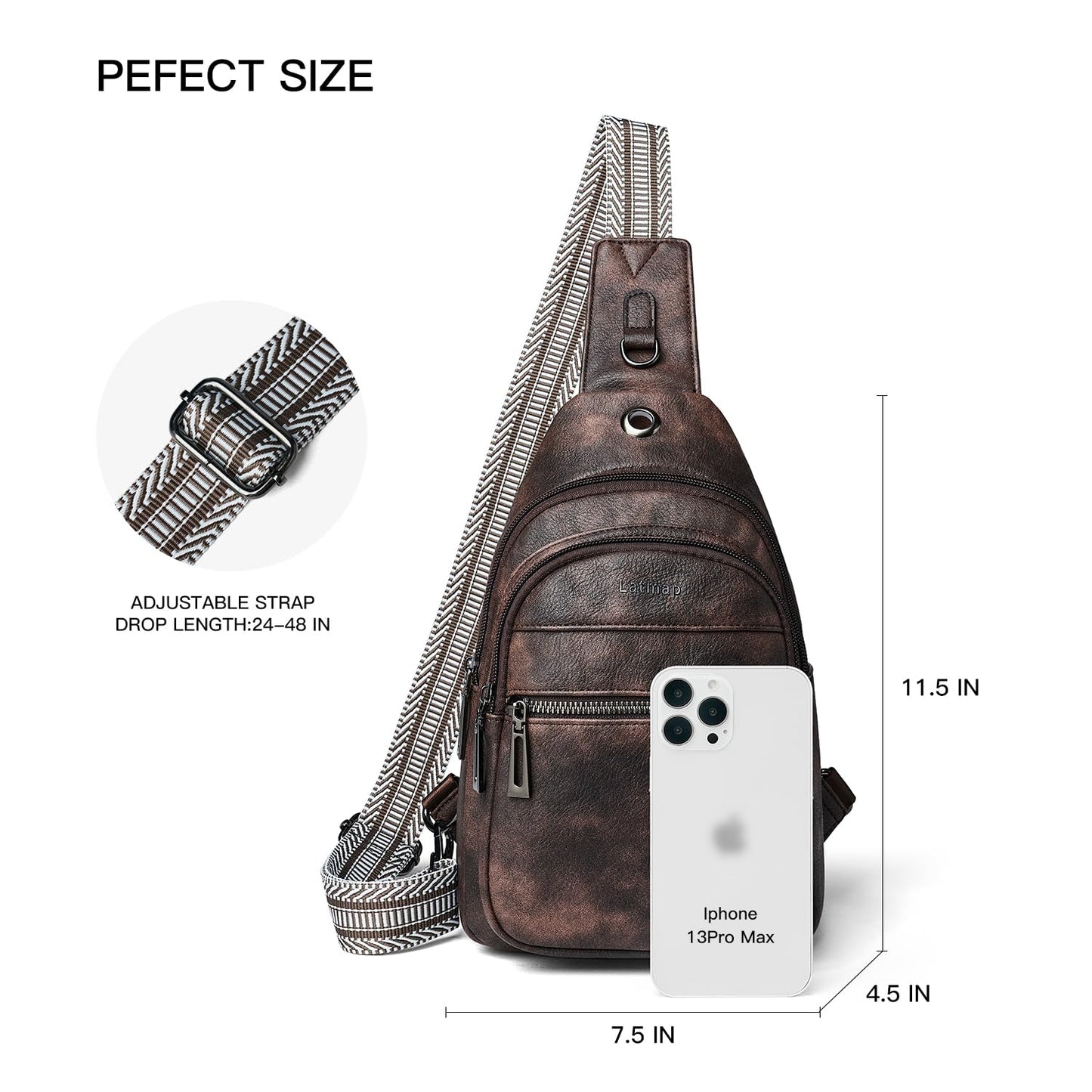 LATMAP 7L Sling Bag For Women Faux Leather Anti Theft Small Casual Daypack Backpack Fanny Pack Crossbody Chest Bags Purse Waterproof Coffee Color