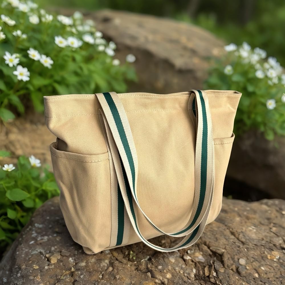 Augbunny 16OZ 100% Cotton Canvas Lined Grocery Shopping Diaper Bag Zipper Closure Beach Casual Multi Purpose Tote